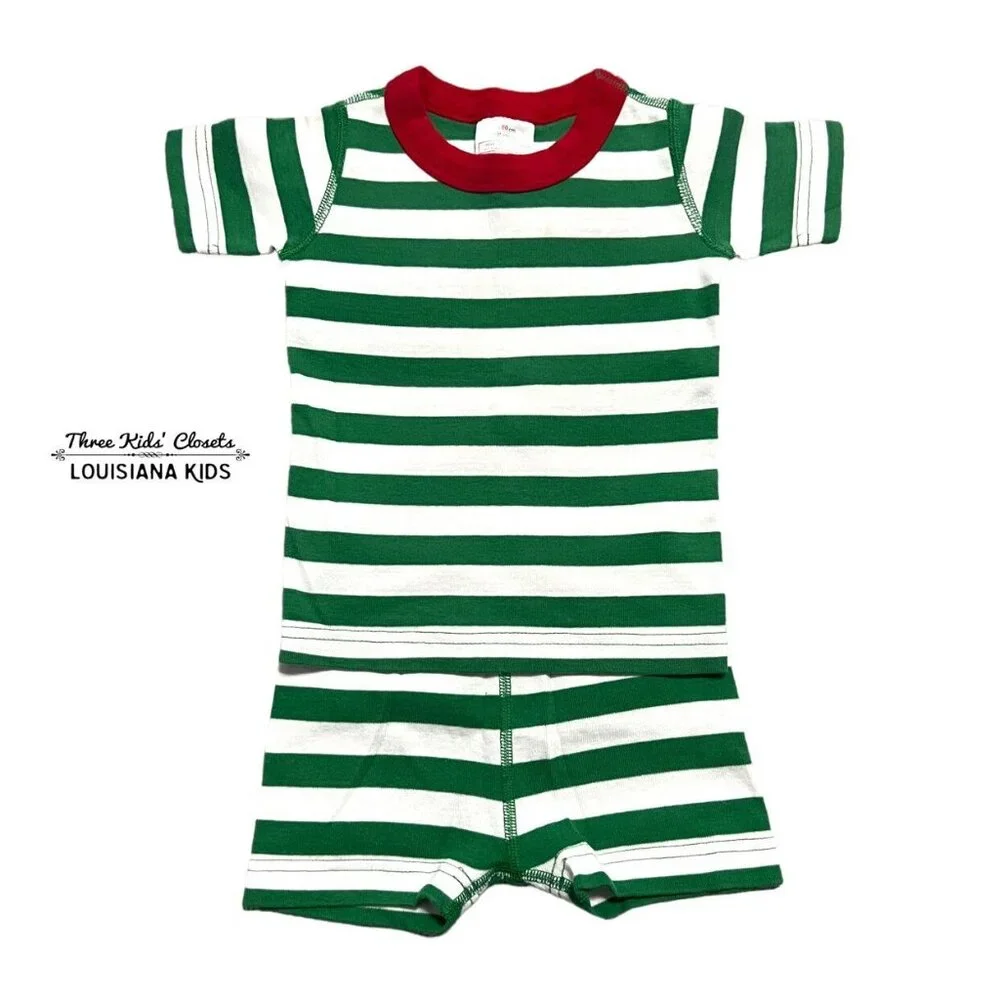 Hanna Andersson Sz 80 (18-24m) Green Striped Christmas Short Pajamas